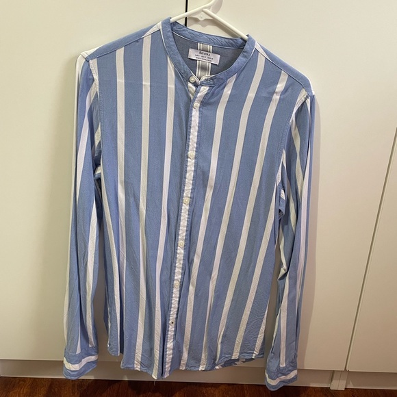 HP Bershka Men’s Striped Shirt W Granddad Collar in Sky Blue Sz S Linen Cotton - Picture 8 of 8